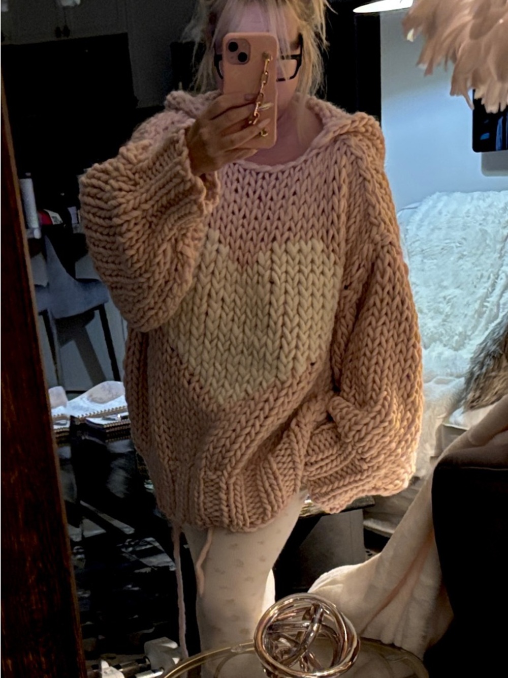 Chunky Hand Knit Pink Love Heart Hoodie Boyfriend Sweater - Women